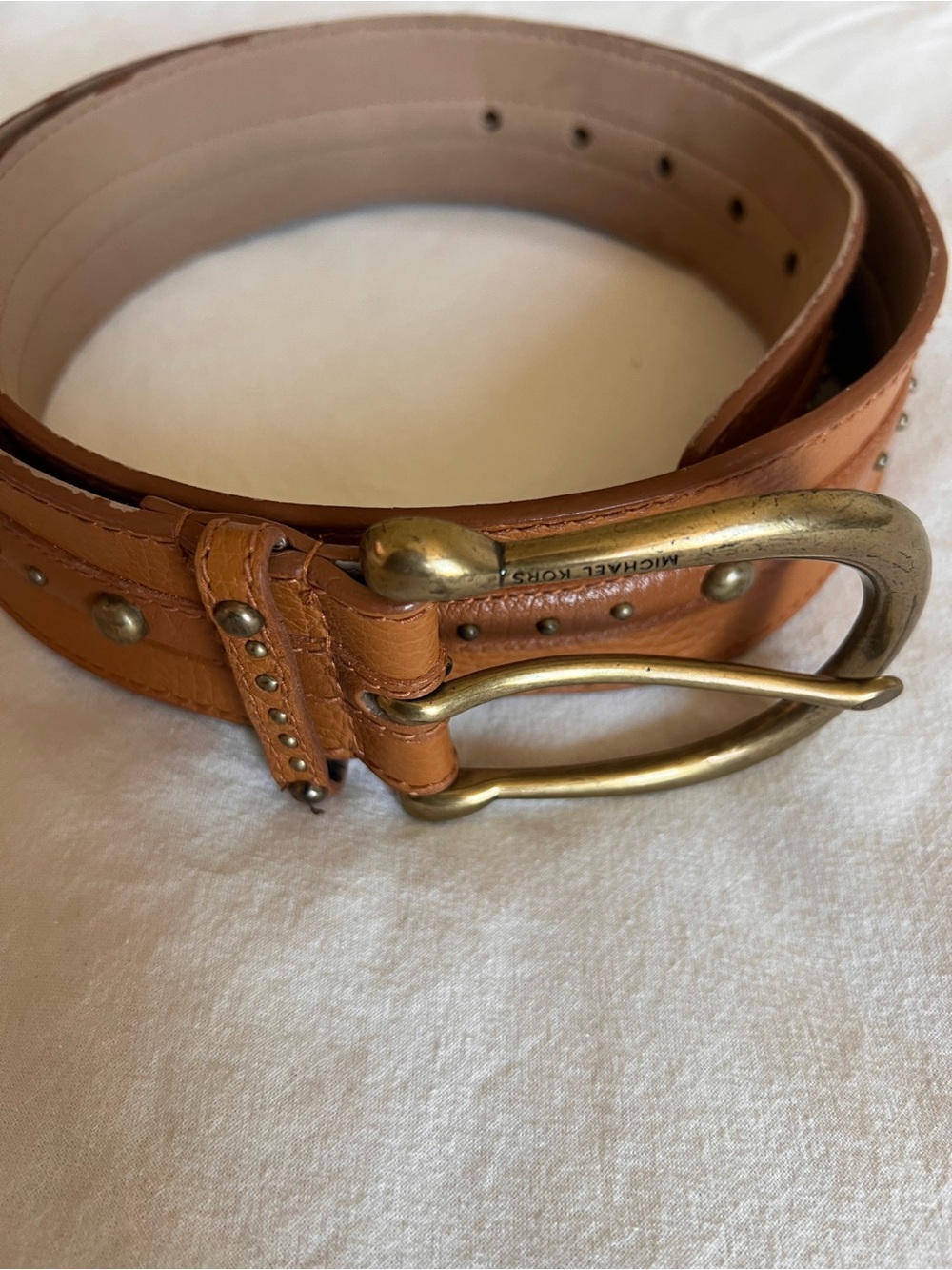 Michael Kors Cognac Leather Studded Belt with Brass Buckle
